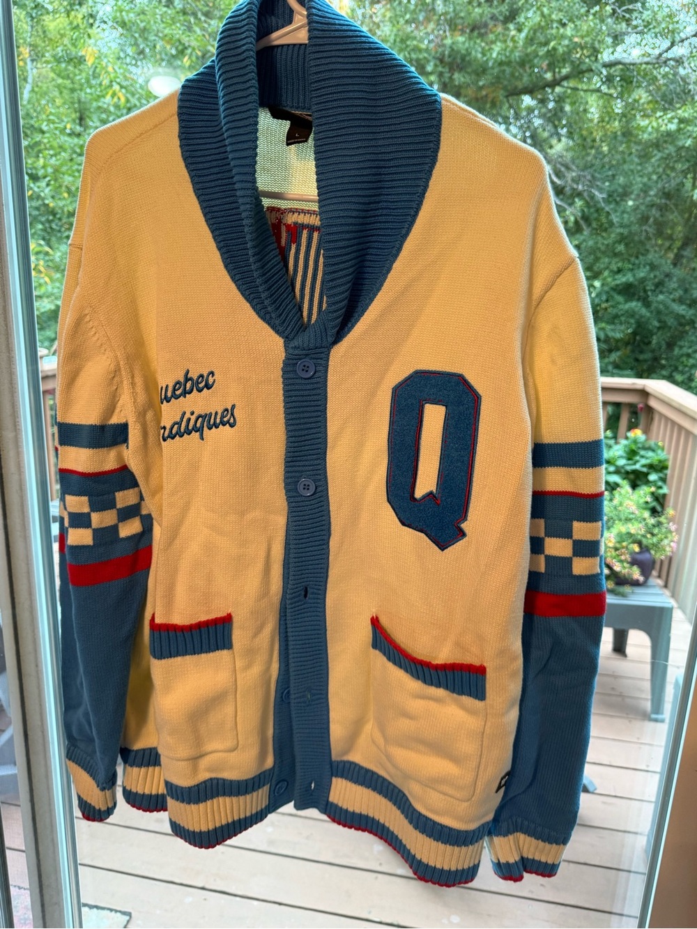 NHL Cream Shawl Collar Cardigan with Blue & Red Accents